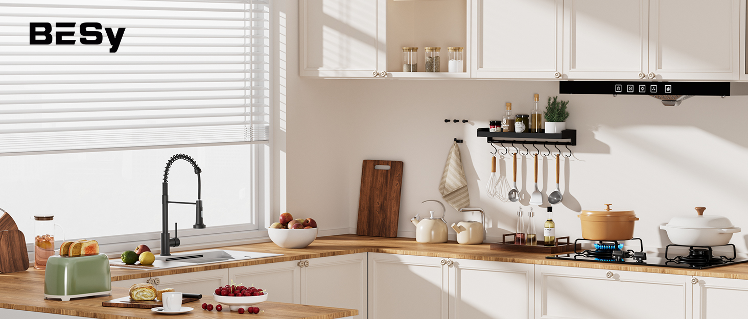 Кухонний змішувач BESy з 3 режимами струменя, висувна лійка, водоспад, поворотний на 360°, з нержавіючої сталі SUS304, для кухні