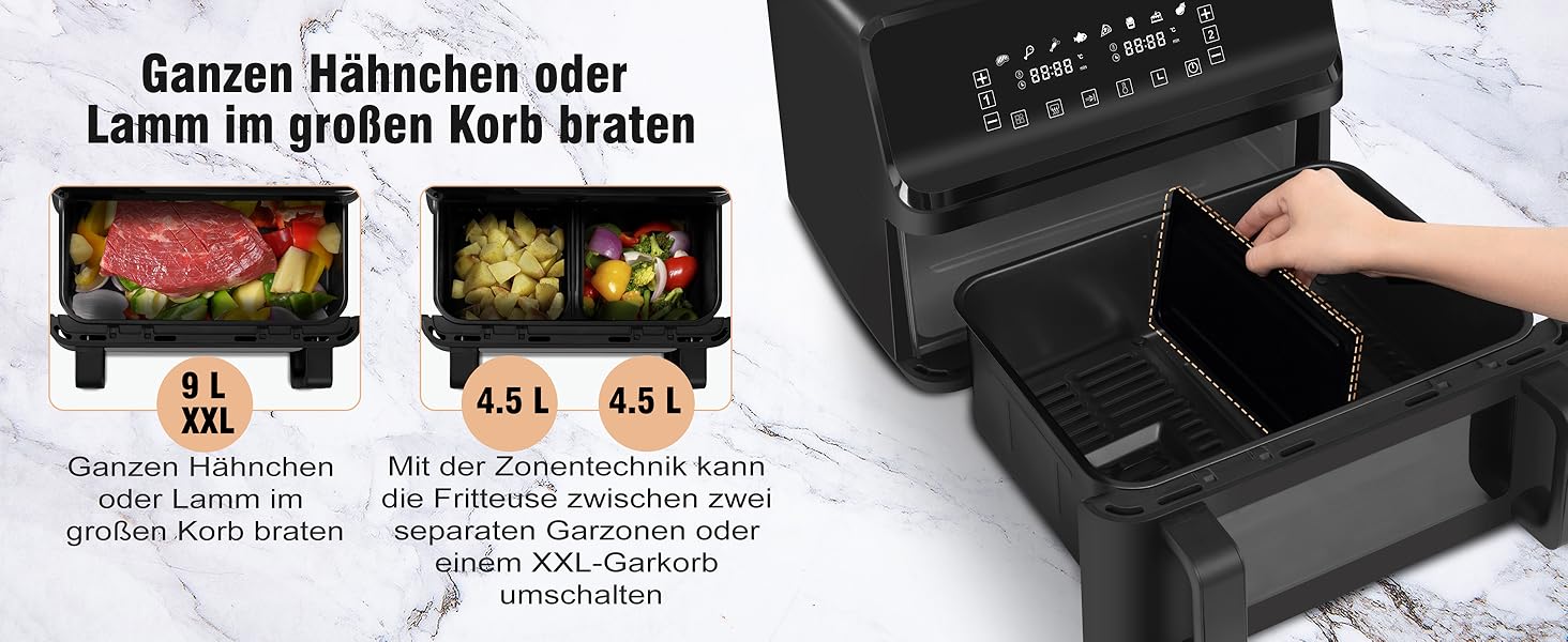 Фритюрниця повітряна LLIVEKIT з 2 камерами та вікном, 4.5л+4.5л, 9-в-1, XXL, без олії, з сенсорним екраном, таймером