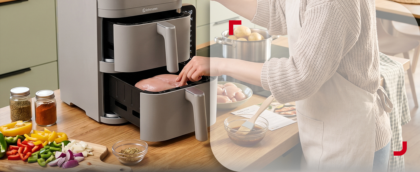 Аерофритюрниця з двома камерами LEHMANN XXL 12L, безмасляний Airfryer на 2800 Вт, 10 програм, антипригарне покриття, бежевий