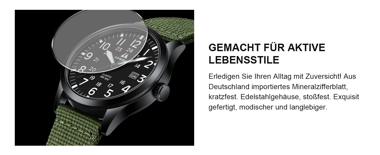 Годинник чоловічий LN LENQIN аналоговий кварцовий на текстильному ремінці, водостійкий 30M, з датою (зелений, чорний)