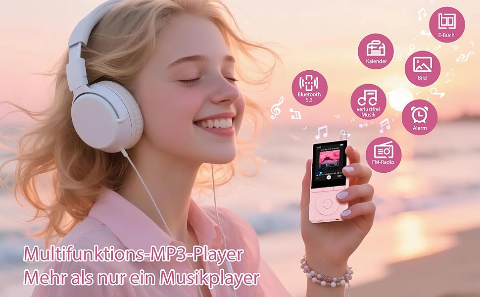 MP3 плеєр 64GB Bluetooth 5.3 з динаміком, HiFi звук, запис голосу, E-book, рожевий. Підтримка TF карти 128GB для спорту