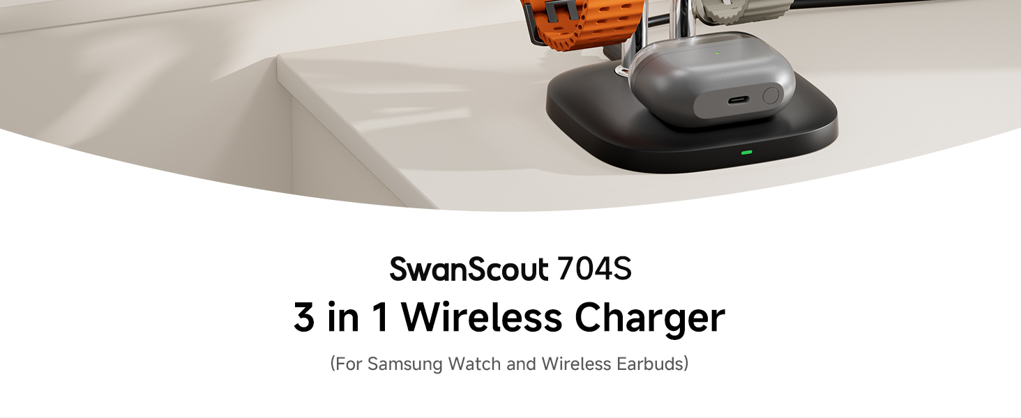 Зарядна станція SwanScout 704S Dual для Samsung Galaxy Watch 8/8 Classic/7/Ultra/6/6 Classic/5/4/3/Active 2 та Galaxy Buds 3/3 Pro/2 Pro/Buds+ (Чорна)