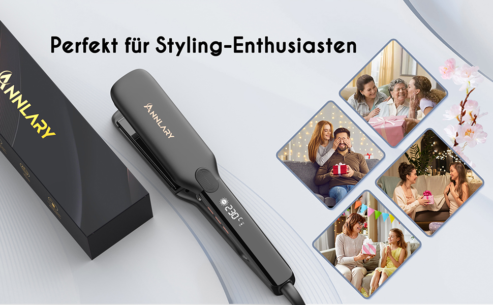 ANNLARY 2-in-1 Hair Straightener & Curling Wand with Titanium Ceramic Ion Technology - Anti-Heat Silicone Protection for Less Split Ends, Shiny Hair - Dual Voltage (110-240V) - Black/Rose Gold (1.75 inch)
