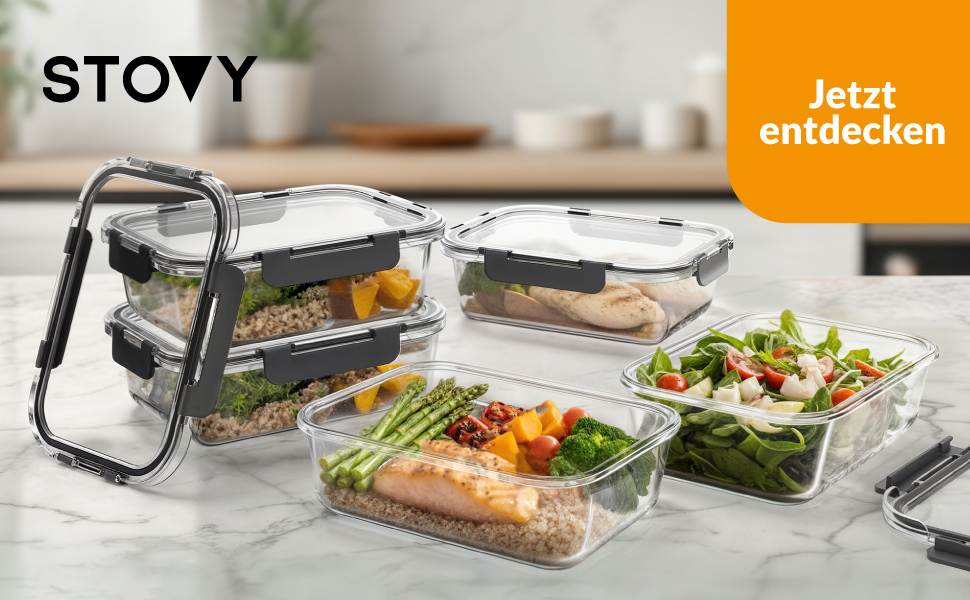 STOVY® Набори для приготування їжі Meal Prep Box - 5 контейнерів по 1040 мл з кришкою. Ідеально для повного раціону. Контейнери для зберігання їжі, придатні для мийки, мікрохвильової печі та морозильника.