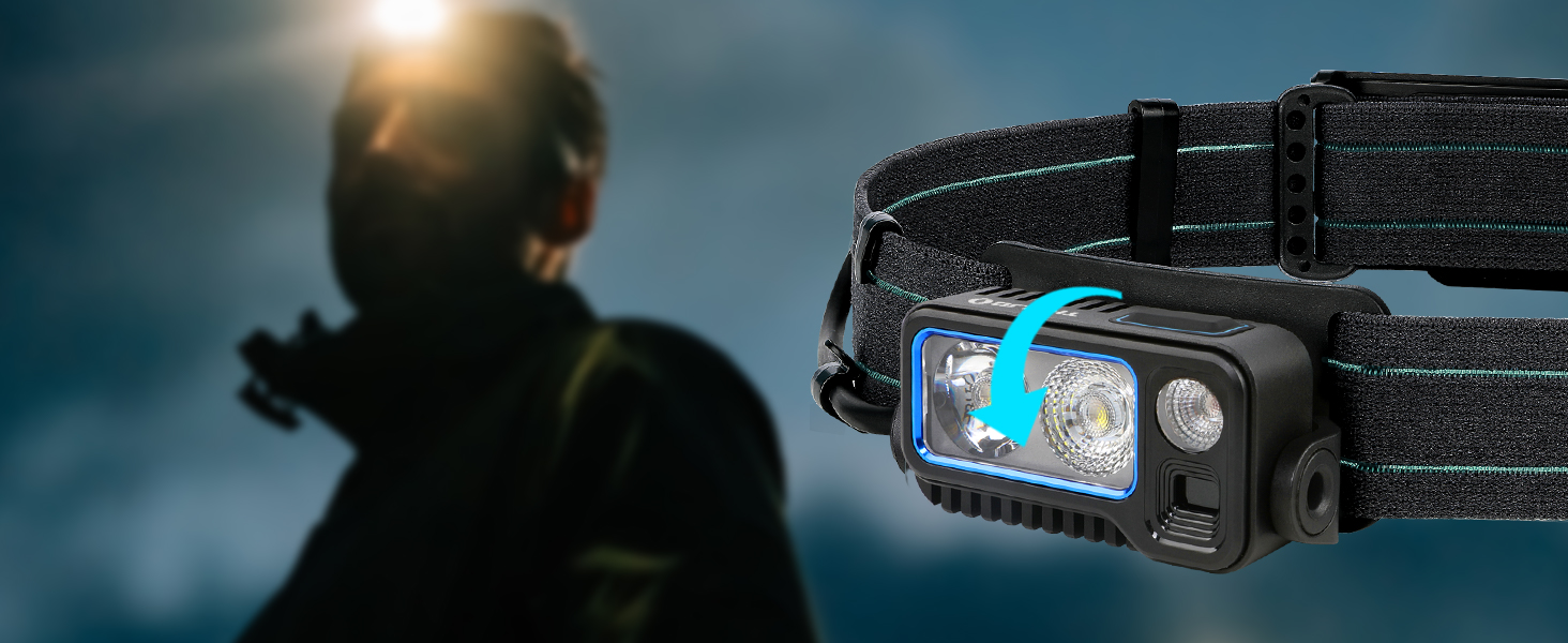 Налобний ліхтар OLIGHT Array 2 Pro з LED, жестовим сенсором, 1500 лм, 150 м, USB-C, акумуляторний, 3 режими з червоним світлом, 60° регулювання, міні-ліхтар, SOS-модуль