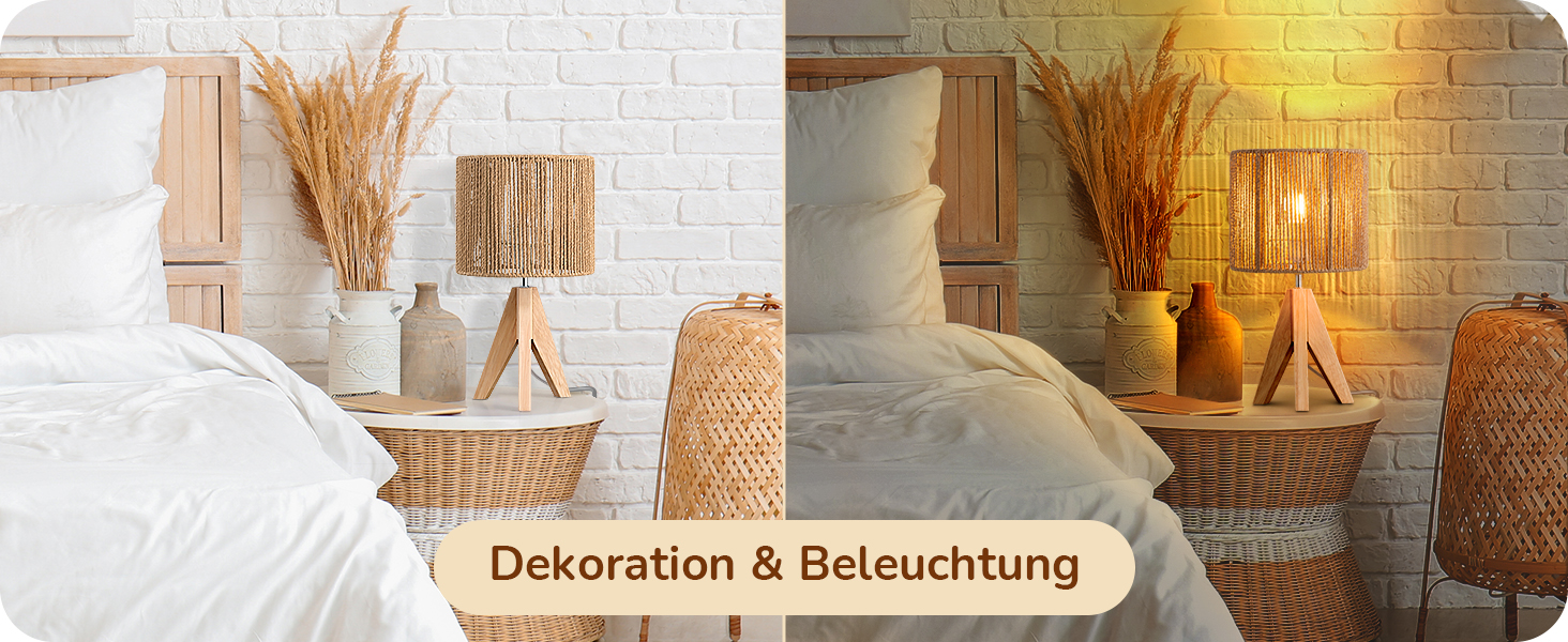 LED настільна лампа EDISHINE з абажуром з ручної роботи та дерев'яною ніжкою, 2700K, тепле біле світло, бохо стиль, для спальні, вітальні, готелю, з лампочкою E27 4W, в'язаний паперовий шнур