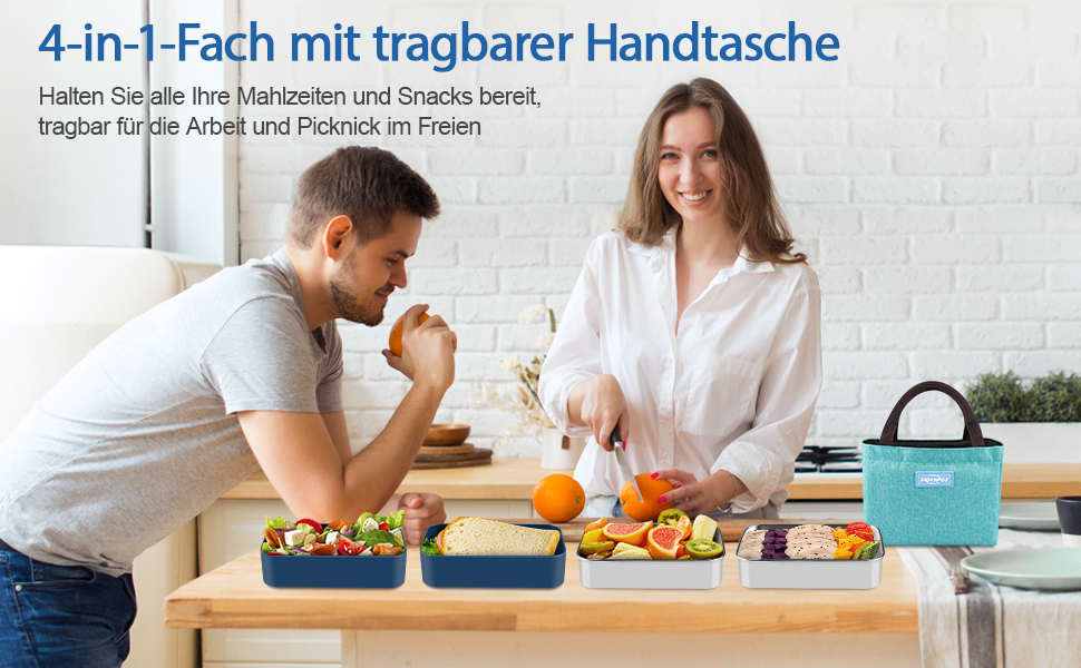 HOLIPOT Ланчбокс Bento Box з роздільниками, 2 рівні, з нержавіючої сталі та PP, з ложкою та виделкою, сумка, для дітей та дорослих, блакитний