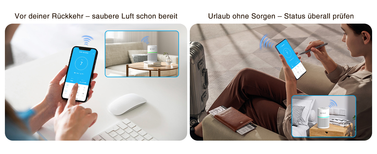 Розумний очищувач повітря з Wi-Fi, керуванням через додаток та голосовими помічниками Alexa/Google, 360° повітряний потік, фільтр HEPA H13 (99,97%), тихий нічний режим (20 dB), CADR 90 м³/год, кольорове підсвічування для спальні, модель KJ1-3S APP