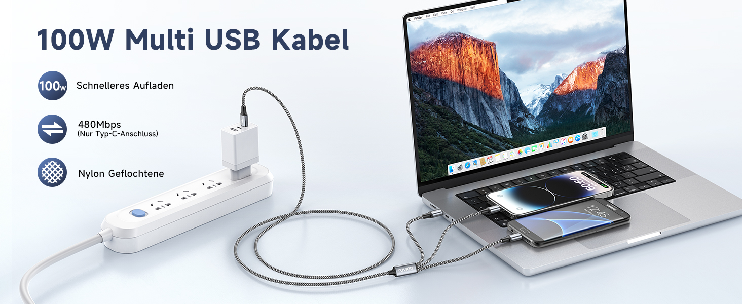 Кабель RAVIAD 100W USB-C 3-в-1 (1.2м) з E-Mark для iPhone, Galaxy, MacBook