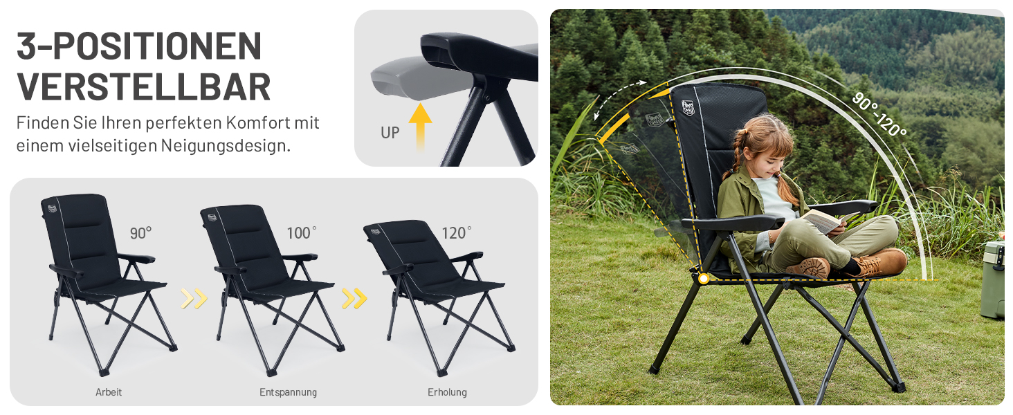 Кампінговий стілець розкладний Timber Ridge 2 шт, чорний, з високою спинкою, 3 положення, до 160 кг, широкий сидіння 57 см, для кемпінгу, балкону, дачі