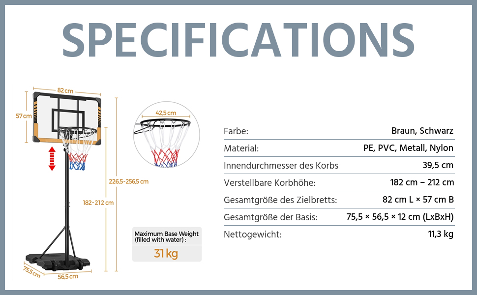 Yaheetech Adjustable Height Basketball Stand with Wheels - Mobile Basketball Hoop, Water/Sand Fillable, Indoor/Outdoor Basketball System - 226.5cm - 256.5cm