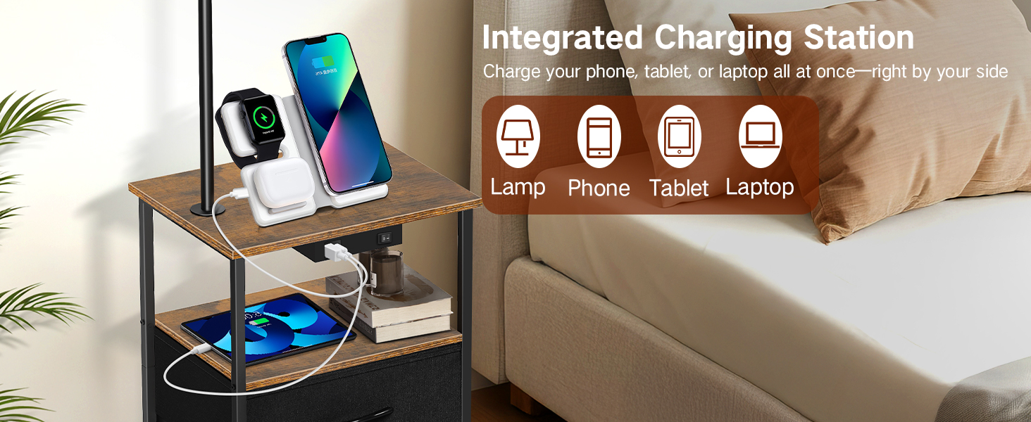 Стельова лампа для вітальні з тумбою та полицею, регульована LED, з пультом, 3 колірні температури, приліжкова тумба з зарядкою та полицею, дерев'яний столик для спальні/офісу (чорний з шухлядами)