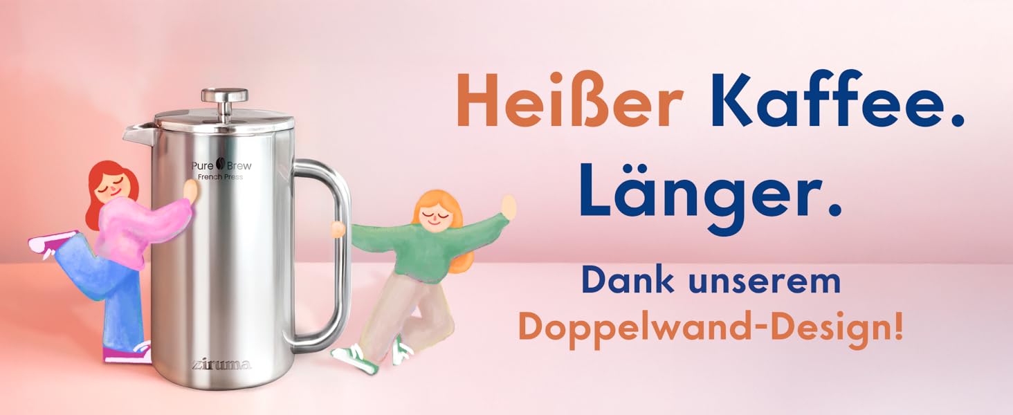 Френч-прес Ziruma 1 літр: нетоксичний, з нержавіючої сталі, з подвійними стінками та термосистемою