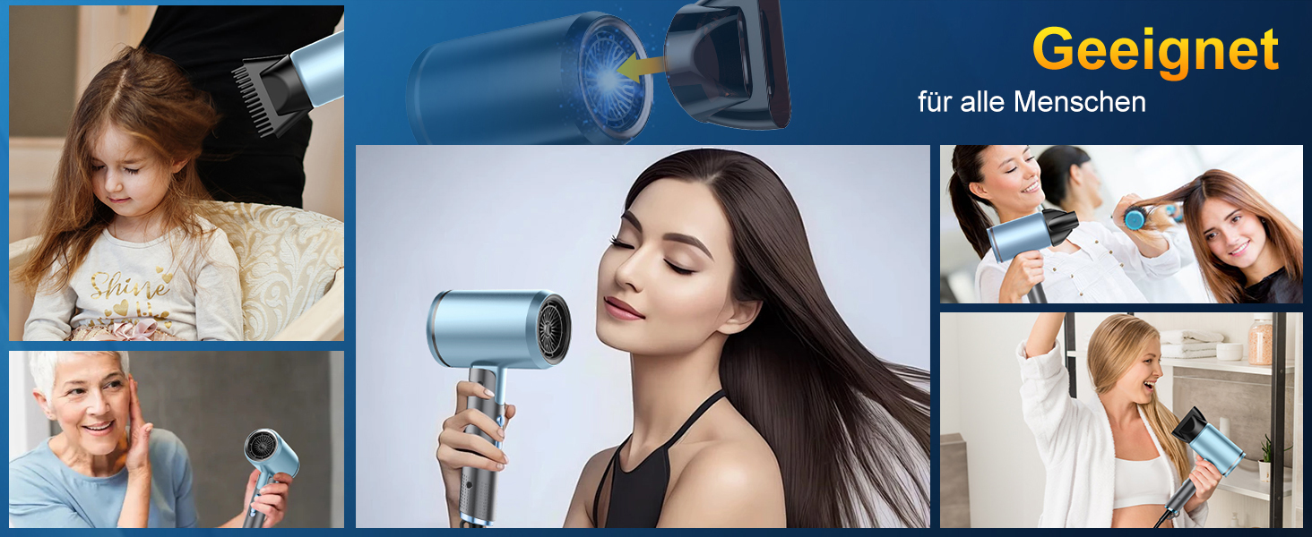 Фен 2400W складний іонний, професійний туристичний, з гарячою/холодною кнопкою, 3 режими нагріву, AC мотор, з насадкою-дифузором та сумкою для зберігання (сіро-блакитний)