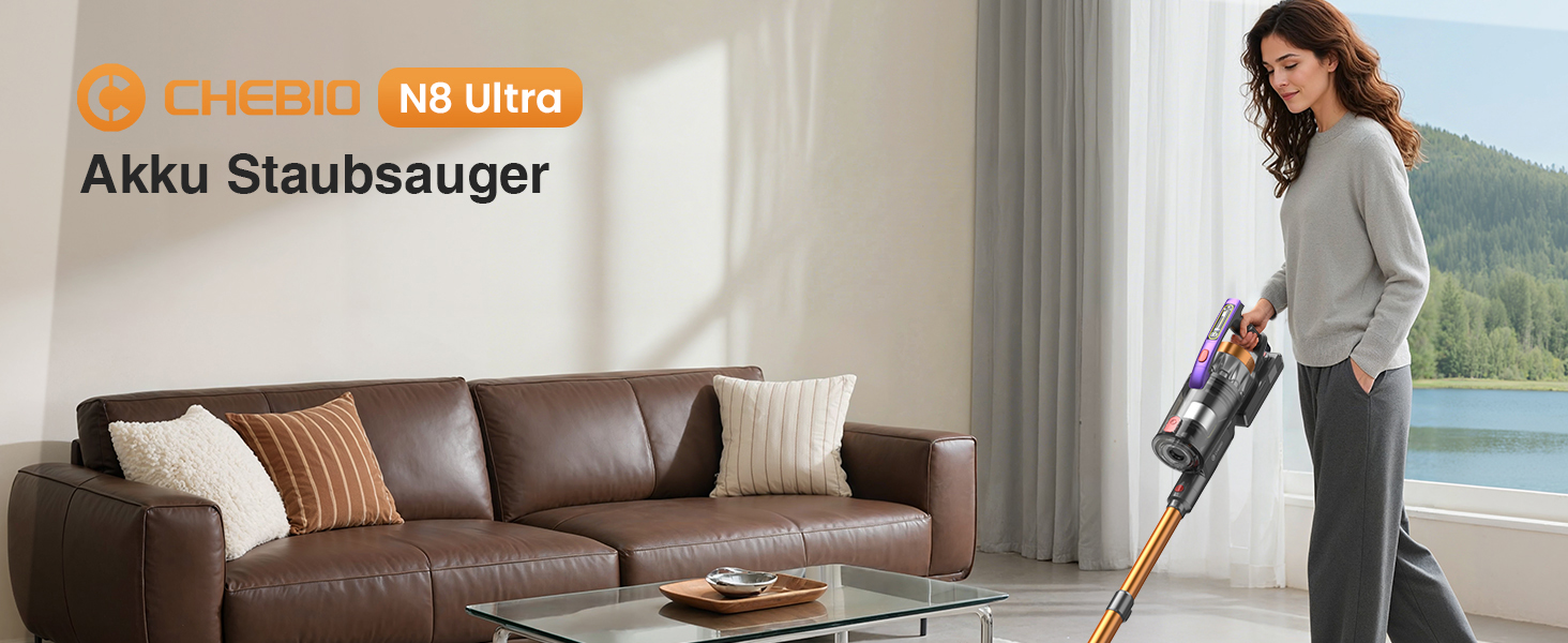 Бездротовий акумуляторний пилосос CHEBIO 580W з LED-дисплеєм, антизаплутувальною насадкою та потужністю 48000Pa. Підходить для прибирання підлоги, килима та шерсті тварин.