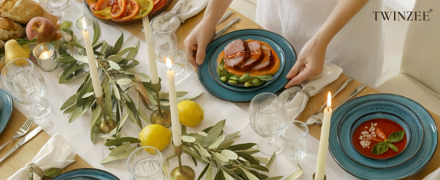 Набір посуду Twinzee Steingut 24 частини для 6 осіб: тарілки та миски, колекція Riviera Azur, з каменю, для мікрохвильової печі