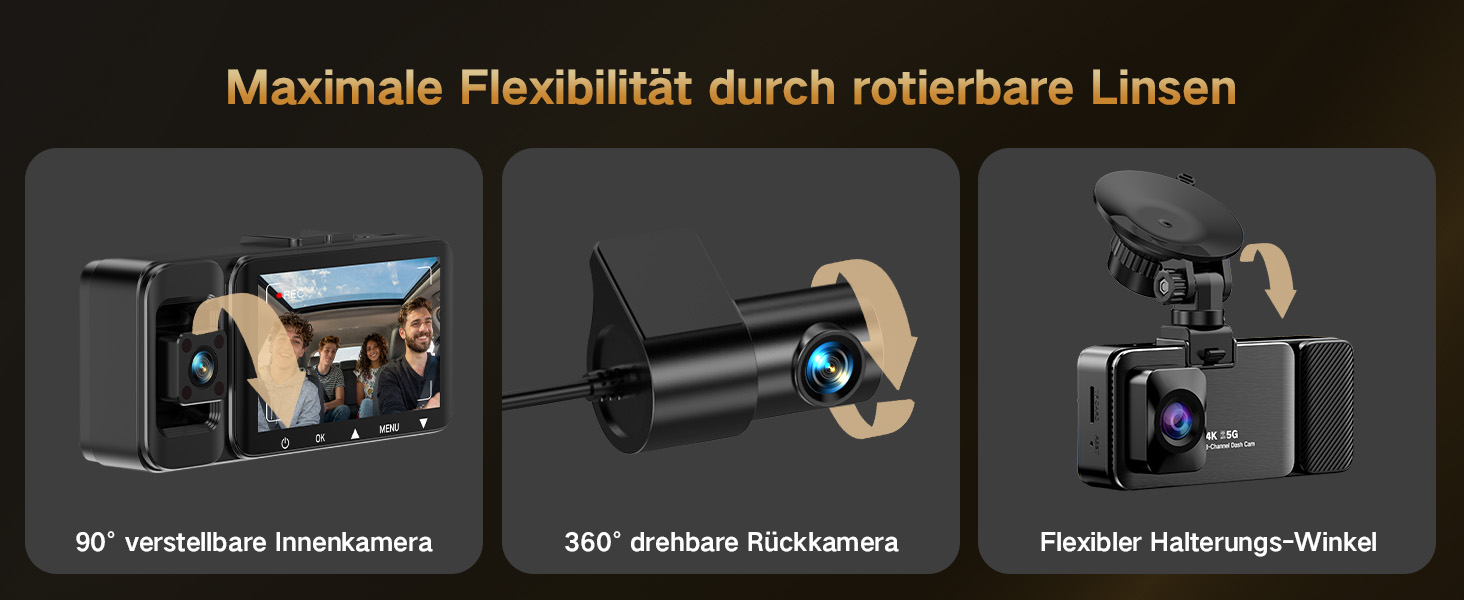 3-канальний автомобільний відеореєстратор 4K (передній, задній, салонний), 170° широкий кут, нічна зйомка, паркування 24/7, G-сенсор, WiFi 5.8 ГГц, SD-карта 64ГБ, чорний