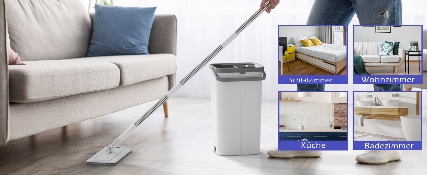 Набір для миття підлоги з відром, вичавлювач для підлоги, набір мопів 2 в 1 з регульованою ручкою з нержавіючої сталі та 6 мікрофібровими насадками, підходить для плитки та ламінату (моп з відром - білий)