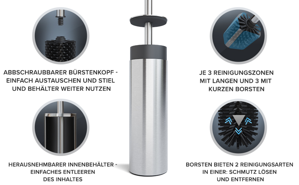 Набір для чищення унітазу Ingoy | Силіконова щітка для унітазу | Чорний | з нержавіючої сталі з кришкою | для ванної та гостьового WC | знімний насадкою | Сріблястий дизайн