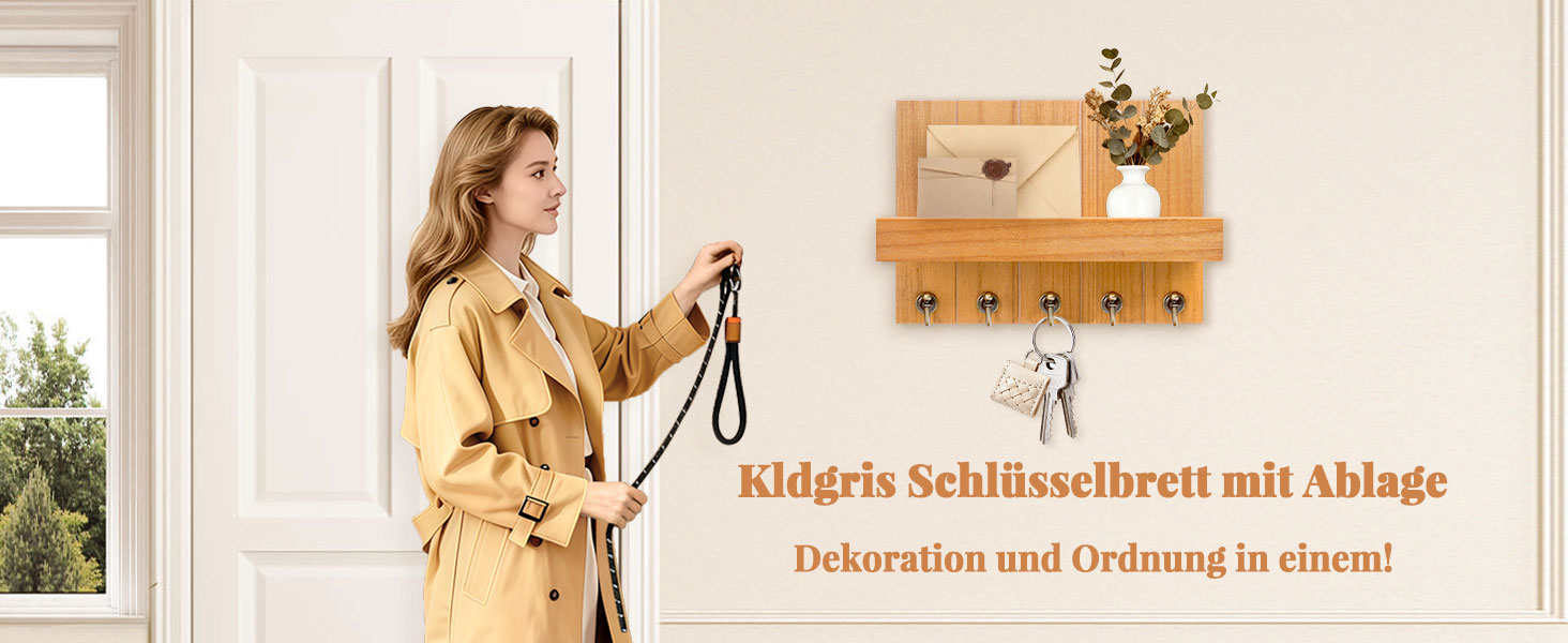 Дерев'яне ключниця з полицею, 5 гачків, для прихожей, вітальні, спальні - жовтий колір