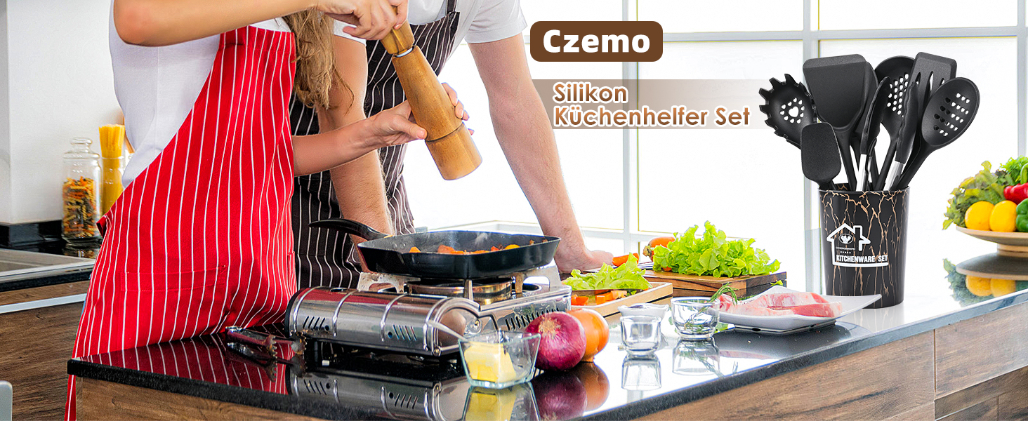 Набір кухонних аксесуарів Czemo 43 шт. з силікону: кухонні помічники, посуд, лопатки, ложки, чорний