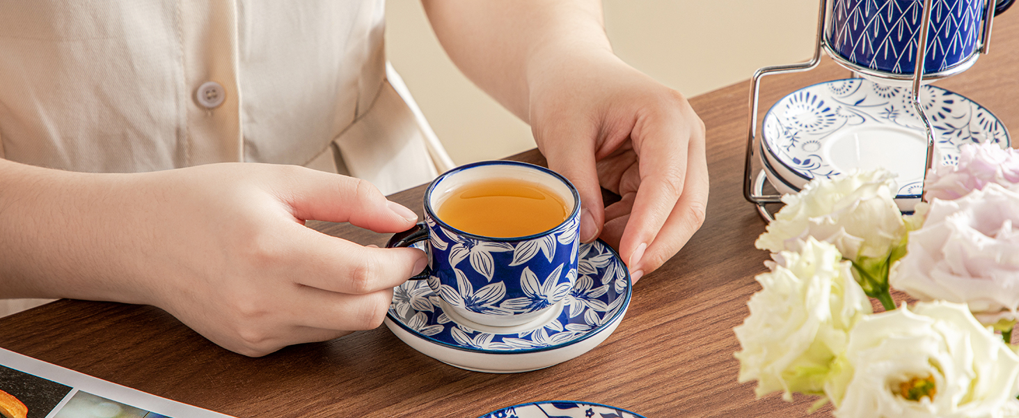 Набір чашок для еспресо Vancasso SELENE з блюдцем та підставкою, 4 шт, 90 мл, блакитно-білий, кераміка