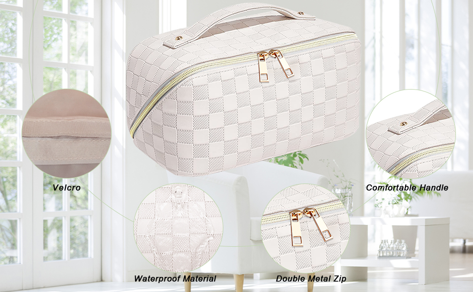 Косметичка для подорожей для жінок з великим об'ємом, водонепроникна, з перегородками, органайзер (кремовий абрикосовий)