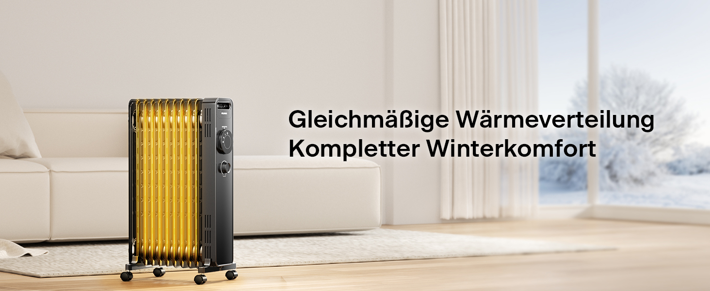 Масляний радіатор PELONIS 2300W з J-подібними ребрами, 3 режими нагріву, термостат, тихий, захист від перекидання, енергоефективність A, для спальні, вітальні, офісу, 11 ребер, чорний (без пульта)