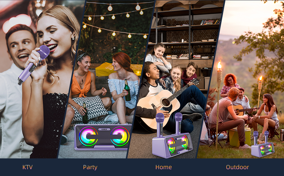 Караоке-машина з 2 бездротовими мікрофонами, Bluetooth, світлові ефекти, підставка для телефону (Lila)