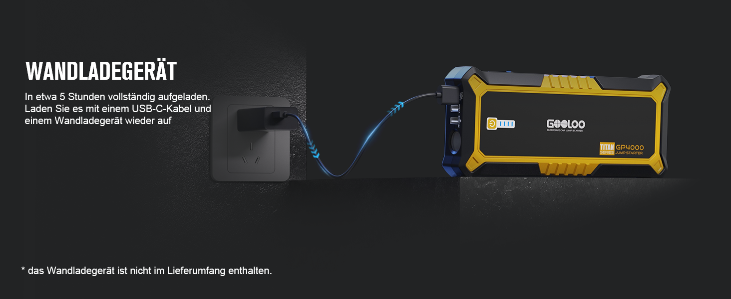 Powerbank Starthilfe GOOLOO GP2000 для автомобіля: 4000A, USB-швидка зарядка, LED, для бензину та дизеля (12V)