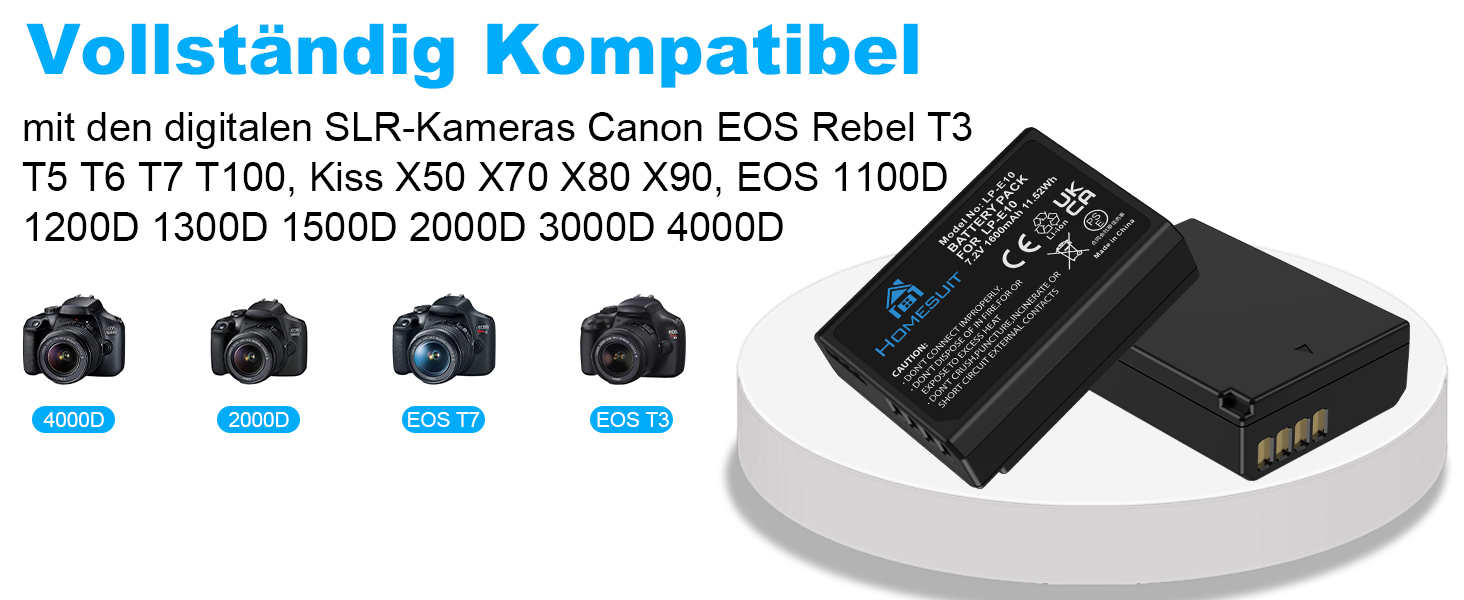 Акумулятор LP-E10 1600mAh Homesuit + LED зарядний пристрій для Canon EOS 1100D, 1200D, 1300D, 2000D, Rebel T3, T5, T6, T7, Kiss X50, Kiss X70 (2 шт. акумулятори + 1 зарядний пристрій)