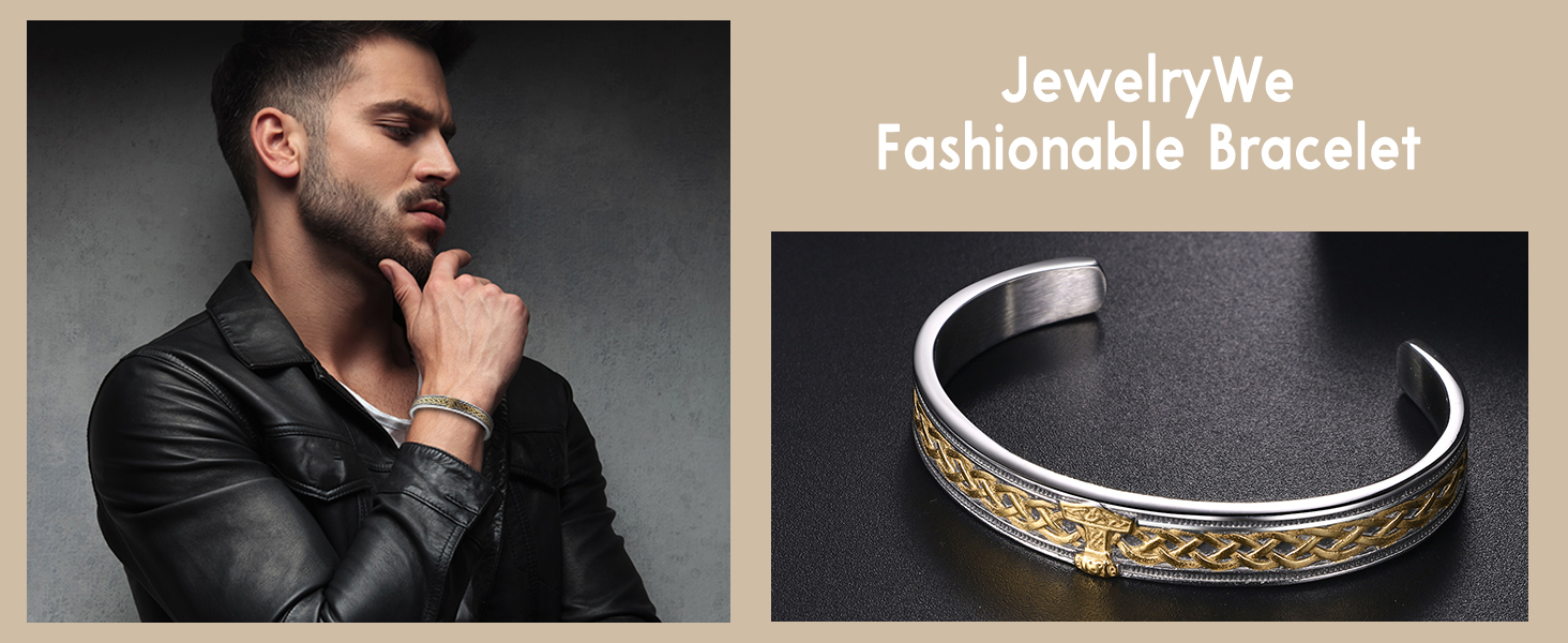 Чоловічий браслет JewelryWe з нержавіючої сталі з вовком, плетіння, стиль вікінг/байкер, відкритий браслет, срібло/золото/чорний, еластичний, набір 2 шт. (Молот Тора)