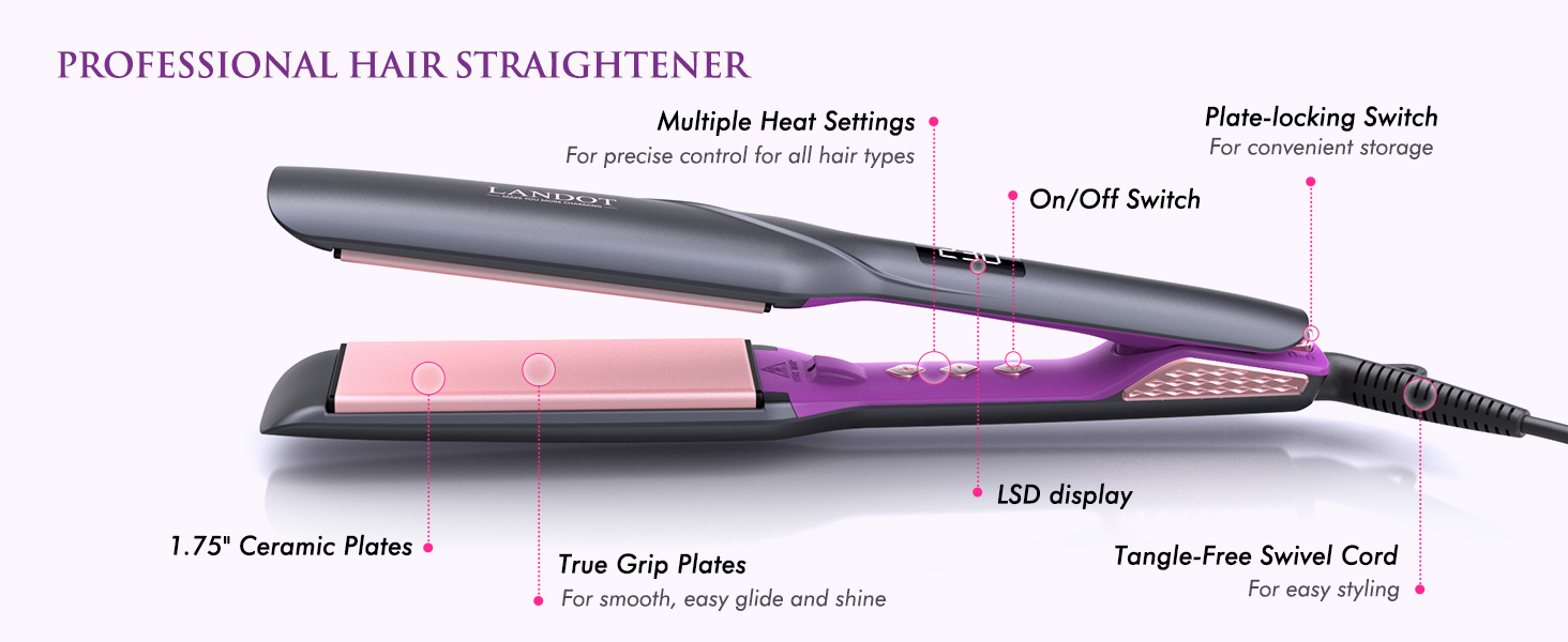 LANDOT Професійний випрямляч для волосся з керамічним покриттям 45 мм, 12 температурних режимів (120–230°C), рожеве золото, чорний