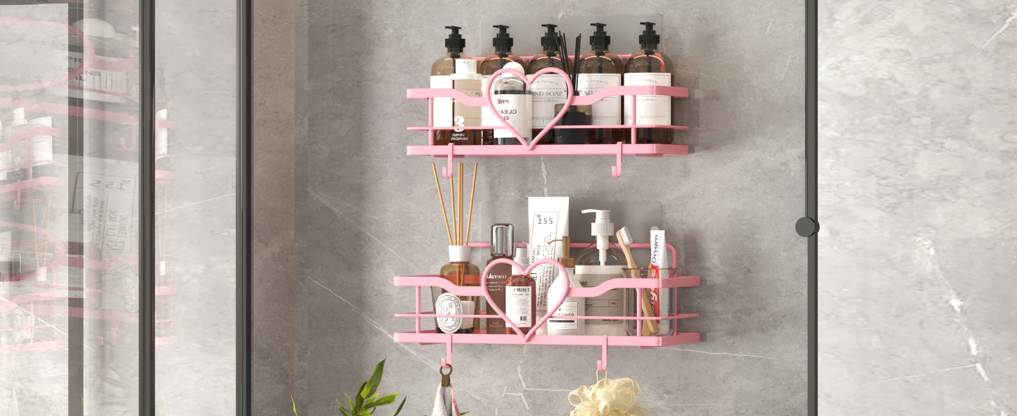 Двостороння поличка для душу без свердління, рожева, з 4 гачками, 11.5 см - органайзер для шампуню та мила