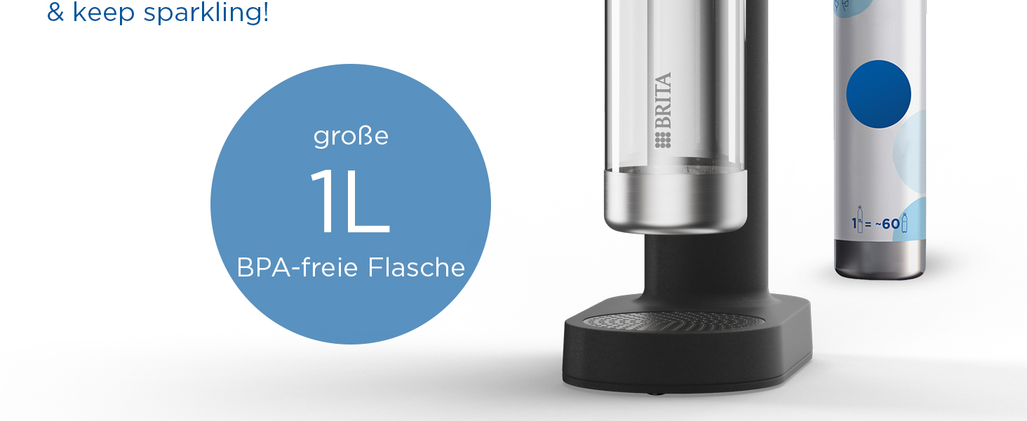 Газова вода BRITA sodaONE (чорний) з CO₂ балончиком та пляшкою PET без BPA | Зробить воду пружною (до 60л на балончик) – газова вода для дому