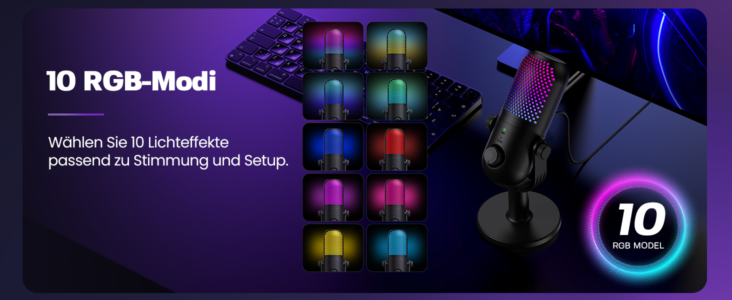 USB Мікрофон для ПК, Gaming RGB Zubehör PS4/PS5: Студійний мікрофон з регулюванням гучності, ехо та кнопкою вимкнення звуку для YouTube, Streaming, Подкастів, Windows/Mac
