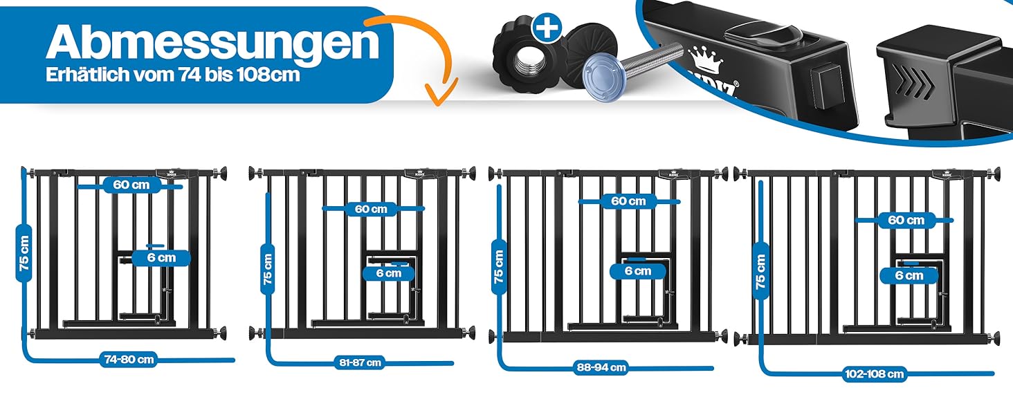Захисне ворота KIDIZ для дітей з люком для котів, без свердління | Захист від падіння, поворотне, біле/помаранчеве, ширина 74-80 см