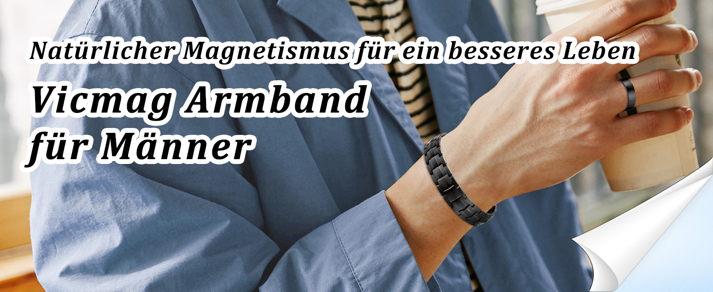 Браслет магнітний чоловічий Vicmag з титанової сталі, подвійна лінія магнітів, регульований, з інструментом та подарунковою коробкою (Чорний, 4 елементи)