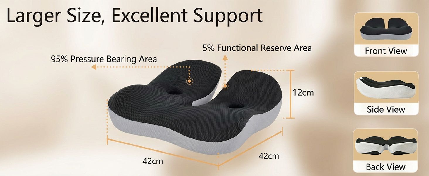 Ортопедична подушка для сидіння на стілець та в авто з Memory Foam - підтримка куприка, зняття болю при ішіасі, чорна