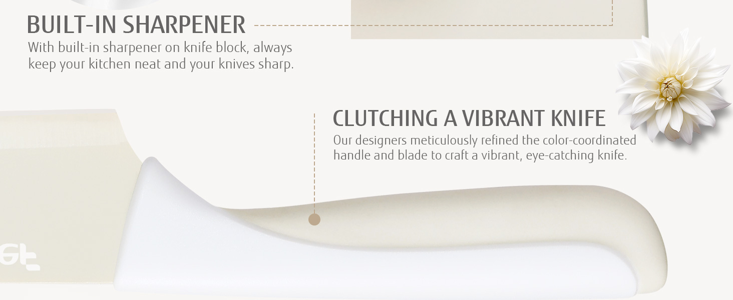 Набір ножів Hecef 14 предметів з бруском, кремового кольору, з антипригарним покриттям. Самозаточувальний ніжний блок, ергономічні ручки, компактний набір ножів для будь-якої кухні, безпечний для миття в посудомийній машині.