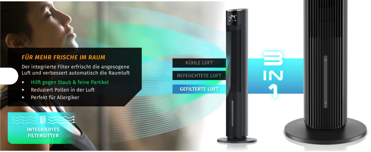 Вентилятор вежа Brandson ECO GREEN з водяним охолодженням, WiFi, керуванням Alexa – мобільний кондиціонер, чорний матовий