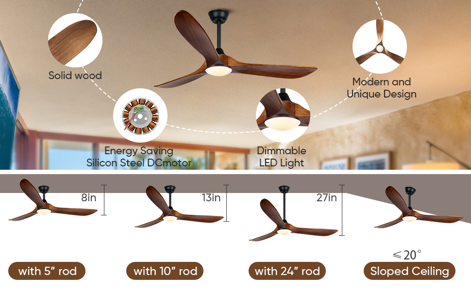 Дзеркальний вентилятор для стелі з дерева, без освітлення, з дистанційним керуванням, тихий, для вологого приміщення (132 см/52 дюйми, коричневий, 3 лопаті)