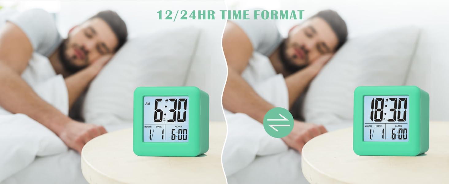 Цифровий туристичний годинник-будильник Plumeet з функцією відкладання, нічним світлом та великим дисплеєм, зеленого кольору