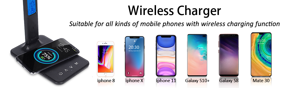 LED настільна лампа CSYY з бездротовим зарядним пристроєм 10W, 3 кольори, 5 рівнів яскравості, пам'ять, сенсорне керування, захист очей для офісу та читання