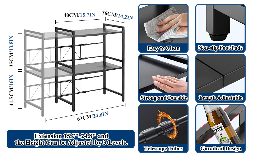 Регульована полиця для мікрохвильової печі, 3-рівнева розширювана стійка, органайзер для кухні з 6 гачками, з вуглецевої сталі, чорний