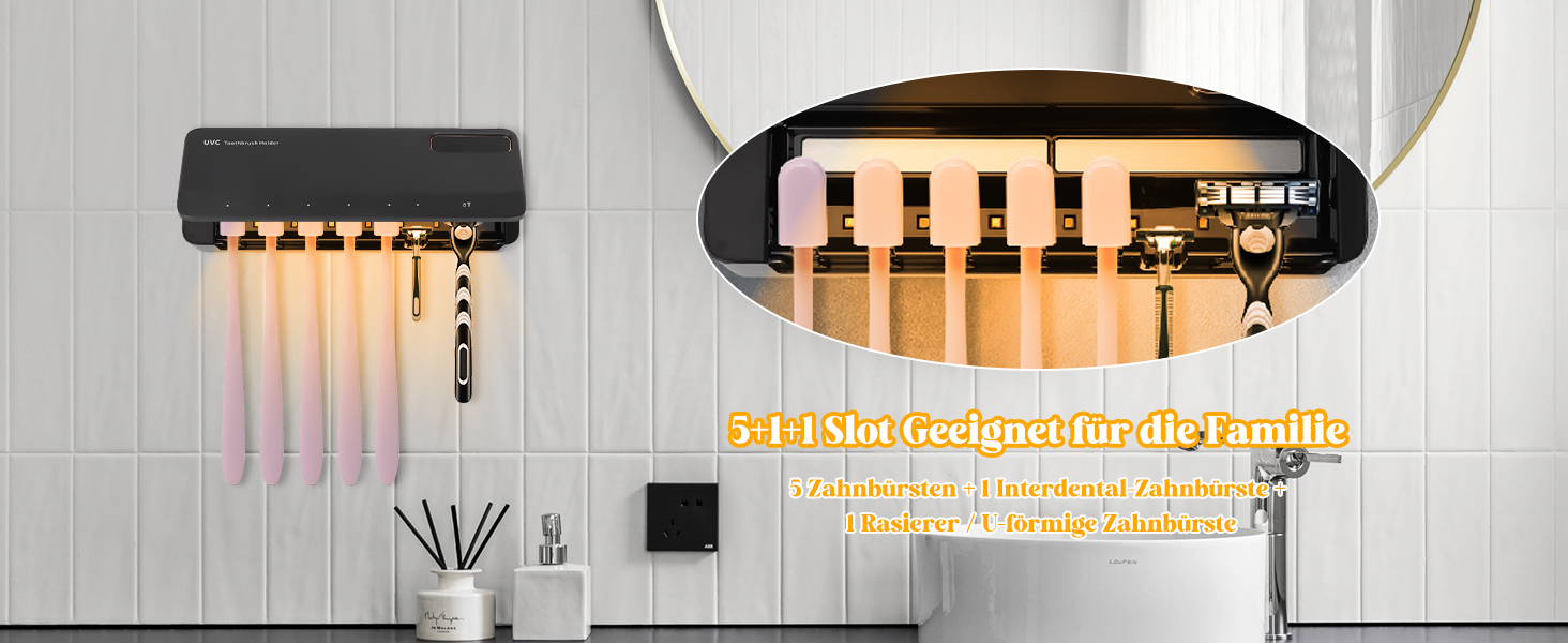 Тримач для зубних щіток настінний з УФ-дезінфекцією, електричний, для 7 щіток, USB, 2000mAh, 3 режими, для дому, ванної кімнати, душу (Чорний)