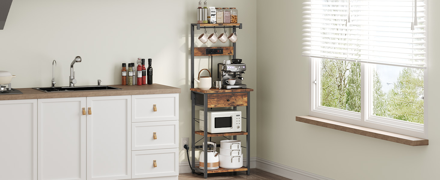 Стелаж кухонний з розетками, стелаж для пекаря, підлоговий стелаж, 34 x 48 x 139 см, стелаж для випічки з шухлядами, стелаж для мікрохвильової печі, 4 S-гачки, для кухні, вітальні, їдальні, коричневий та чорний ABRHR48UE01