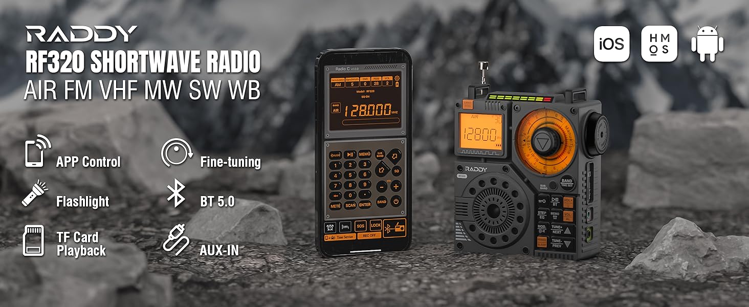 Raddy RF320: Портативне радіо Kurzwellenradio з керуванням через додаток, FM/AM/VHF/SW/AIR, підтримка BT/TF-картки, перезаряджуване, з антеною 3м, навушниками, ліхтариком, SOS, сірий