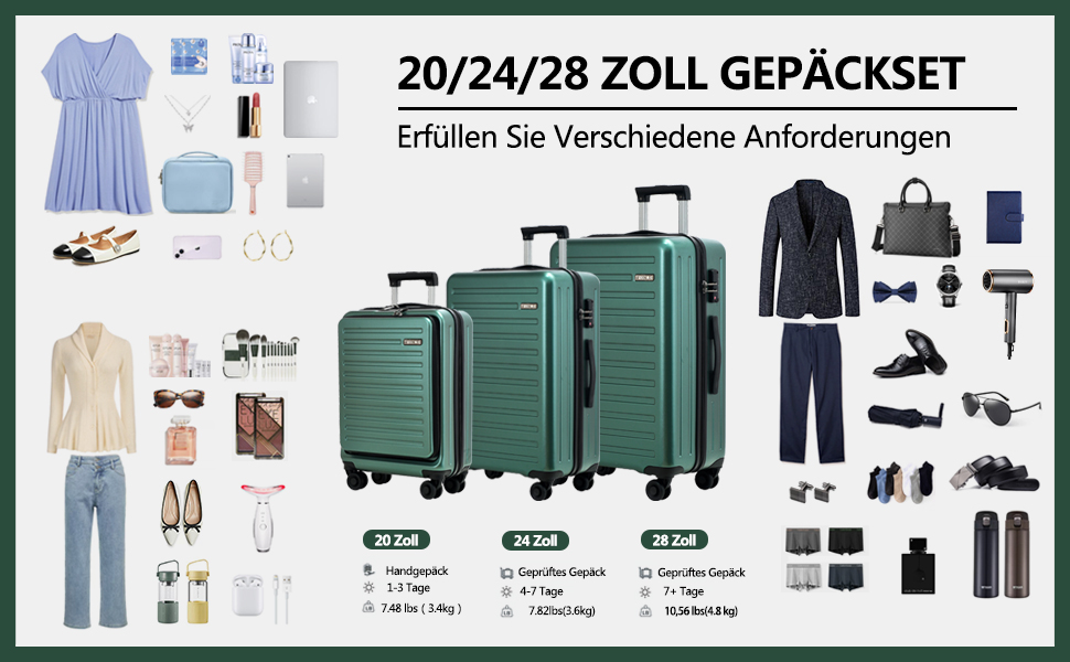 Набір валіз TydeCkare 3-в-1 (55/66/76 см) з TSA замком, зелений. Включає ручну валізу з відділенням для ноутбука (34л, 55x39x20 см), середній (65л) та великий (101л) валіза.