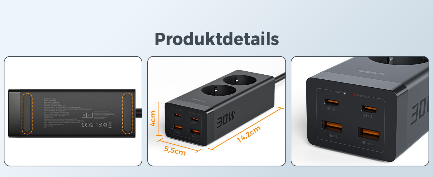 TESSAN Розподільник розеток USB-C 30W з GaN, 2 розетки, кабель 2м, захист від перенапруги 3600W, для офісу (5м, чорний)